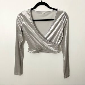 Garage Silver Velvet Long Sleeve Wrap Crop Top